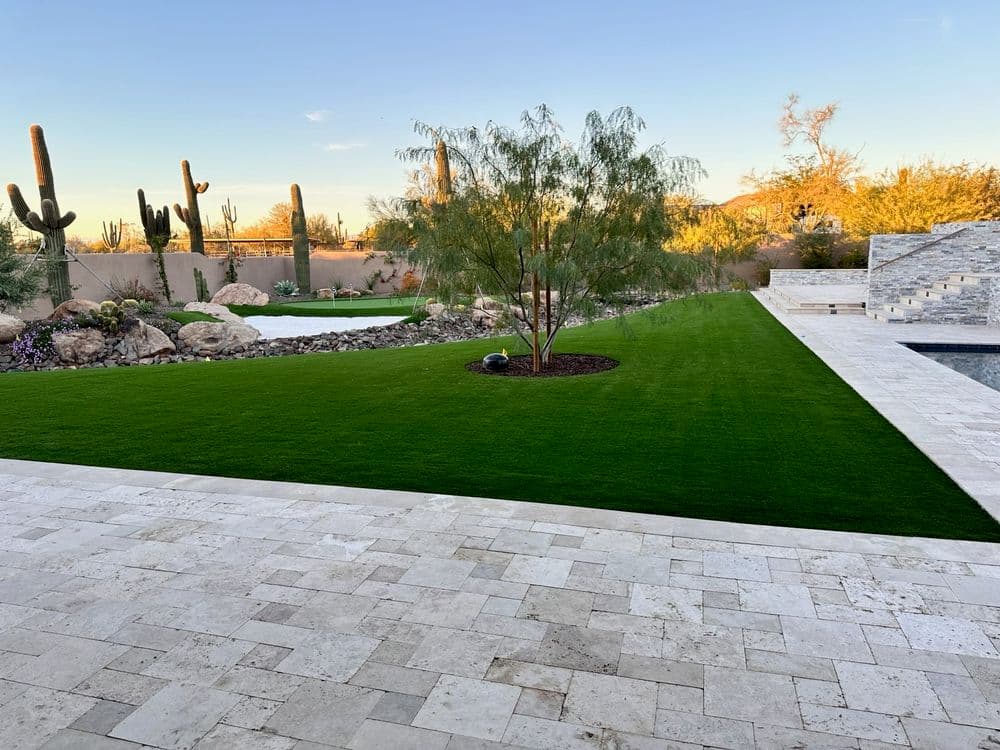 Lush green lawn and landscaped stones in a modern desert backyard with cacti and a pool.